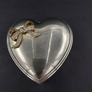 Zinc Alloy Silver Plated Heart Shaped Trinket Box with Gold  Bow 4 x 4 x 2 inch